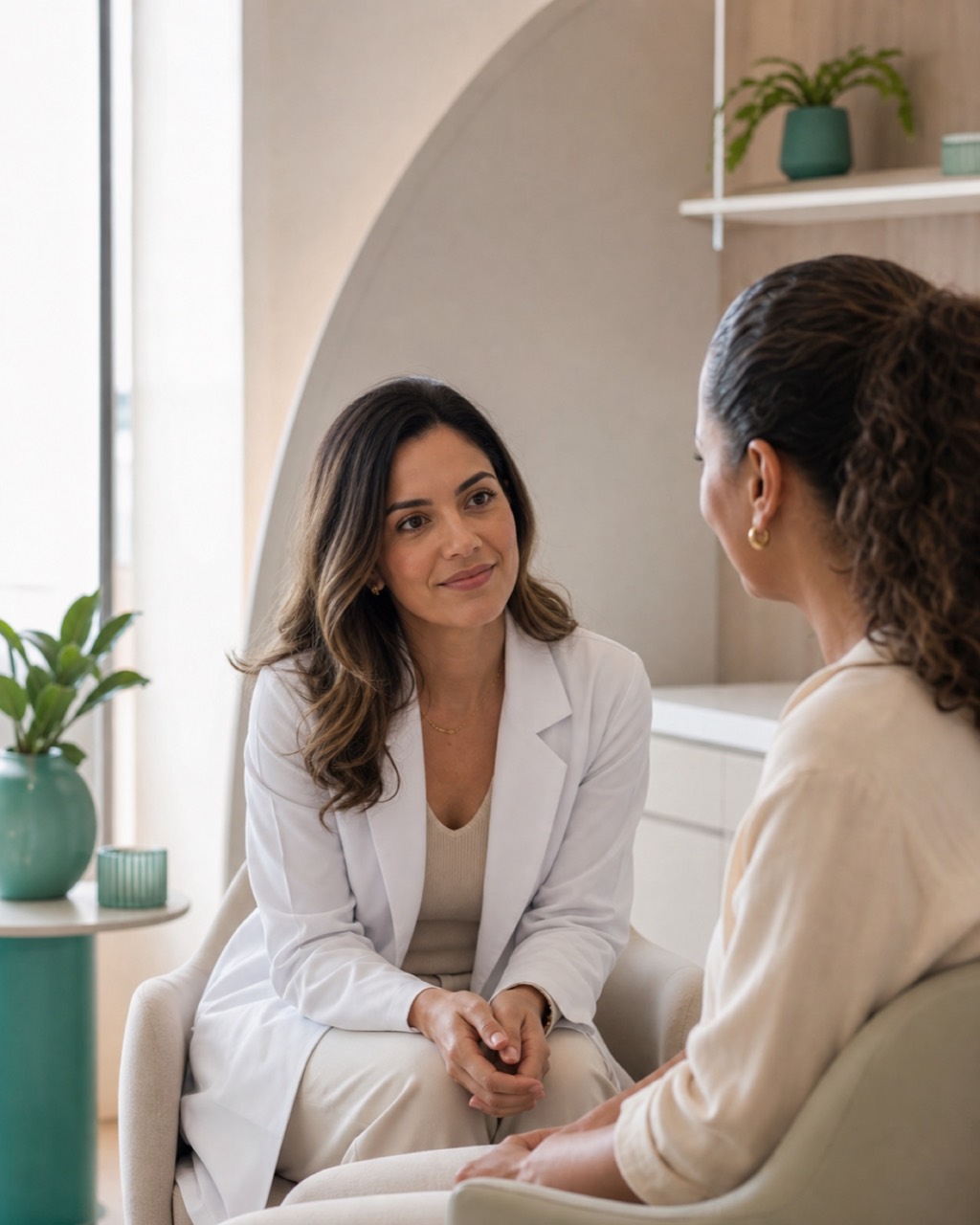 Médica e paciente conversando, sentadas frente a frente em consultório claro
